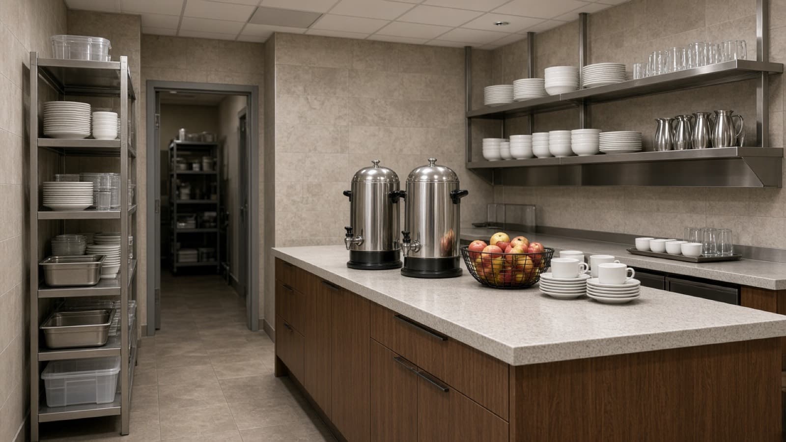 Illustrative photograph of a hotel service pantry. Not a customer's property.