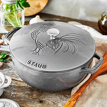 Staub 1003235 Cast Iron 3.75-qt Essential Cocotte with Rooster Domed Lid, Graphite Grey