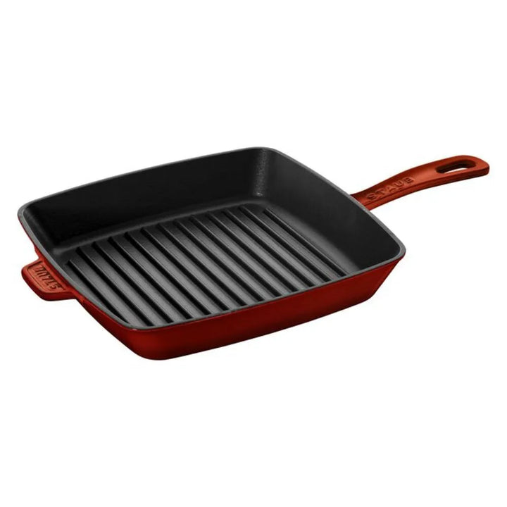 Staub 1003342 Cast Iron 12" Square Grill Pan with Handles, Grenadine