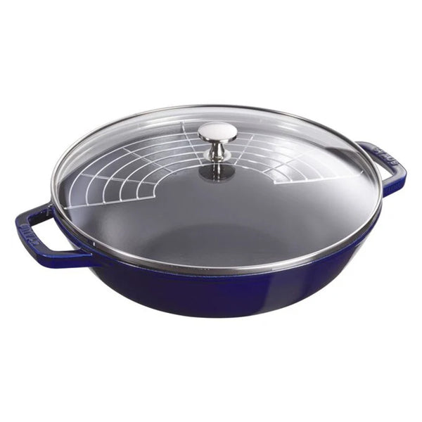 Staub 1004750 Cast Iron 4.5-qt Perfect Pan/Wok with Glass Lid, Dark Blue