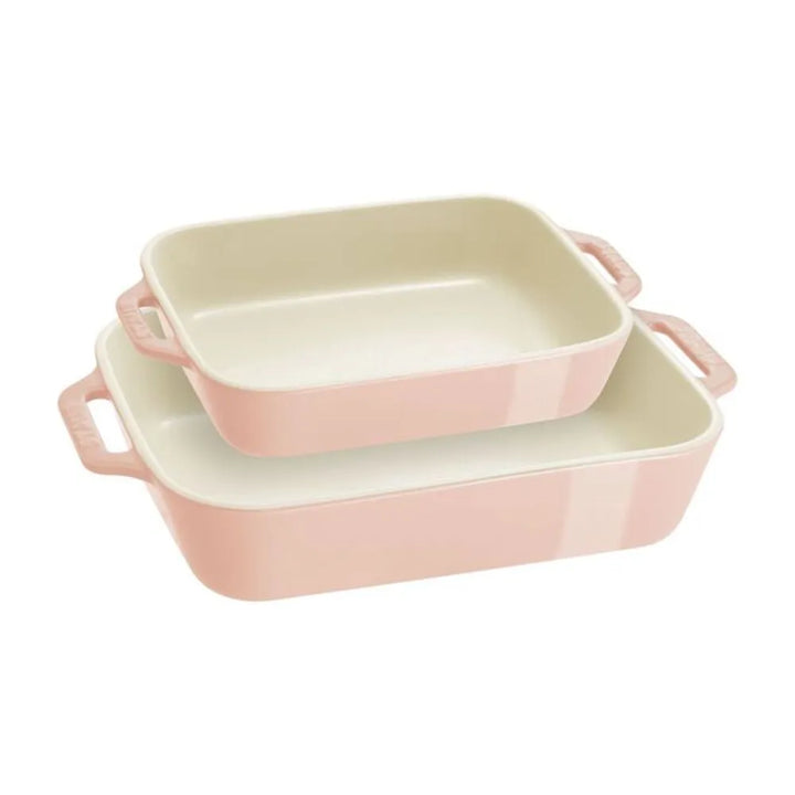 Staub 1029453 2-Piece Stoneware Rectangular Baking Dishes Set, Macaron Pastel Pink