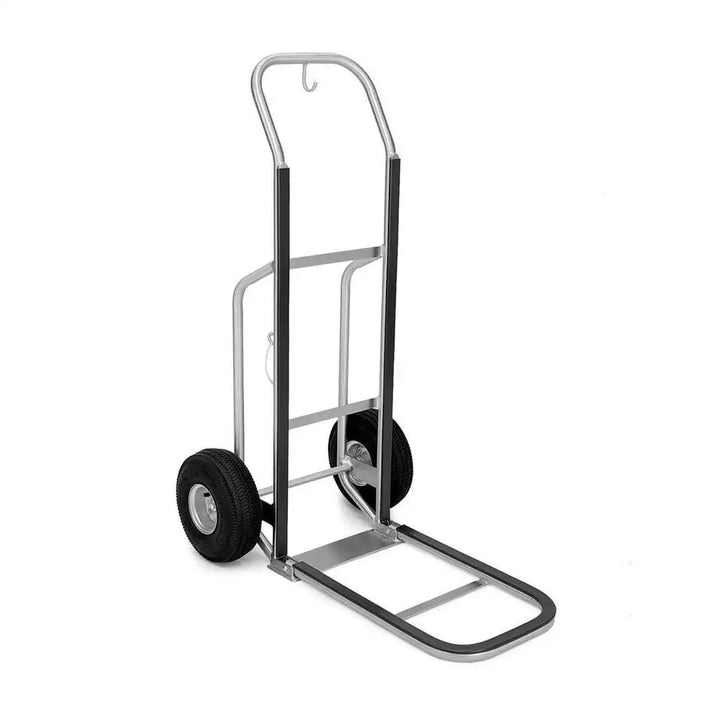 Forbes Industries 1555-B-SS 23.5" Bellman's Handtruck in Brushed Stainless steel, Black Vinyl Bumper Strips, 10" Black Pneumatic Wheels - The Horecastore