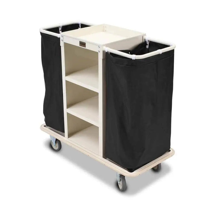 Forbes Industries 2140 22" Steel Compact Housekeeping Cart with Three Shelves, Reinforced Base, Gray Wheels.