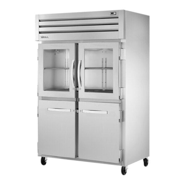 True STA2R-2HG/2HS-HC 52 5/8" Spec Series Stainless Steel and Aluminum Two Section Reach In Refrigerator, (2) Glass Doors, (2) Solid Doors, Left/Right Hinge,Silver,115v/1ph