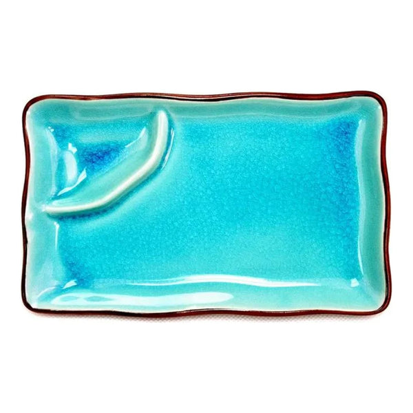 CAC China 666-77-BLU Rect. Platter W/ Triangular Compartment Lake Blue 8" Case of 24 Pcs