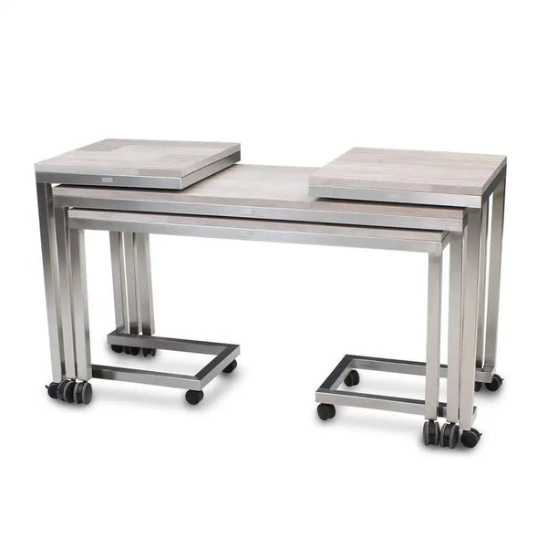 Forbes Industries 7407 30" Claremont Four Nesting Tables Set of 4 Tables with Acacia Driftwood Tops and Stainless Steel Frames