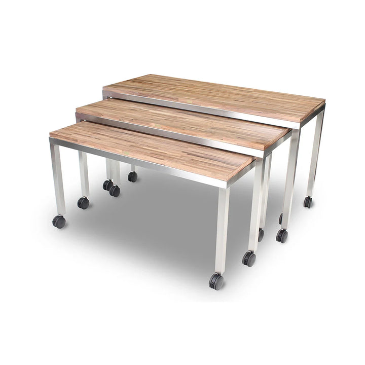 Forbes Industries 7408 30" Claremont Three Nesting Tables Set of 3 Tables with Acacia Driftwood Tops and Stainless Steel Frames