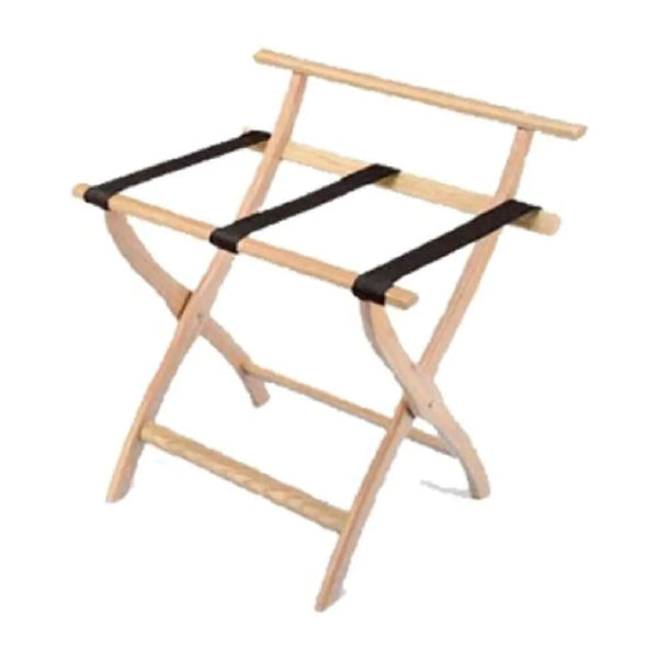 Forbes Industries 902-LO 24" Oak Luggage Rack With Back Bar and Brown Poly Straps - The Horecastore