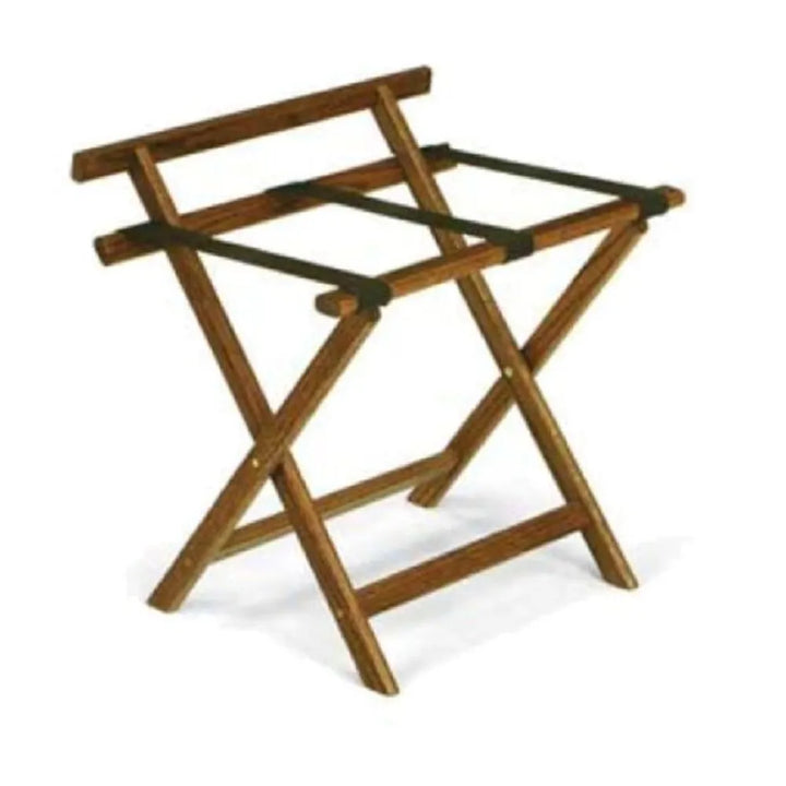 Forbes Industries 932-LO 24" Oak Luggage Rack, Light Finish, With Back Bar and Brown Poly Straps - The Horecastore