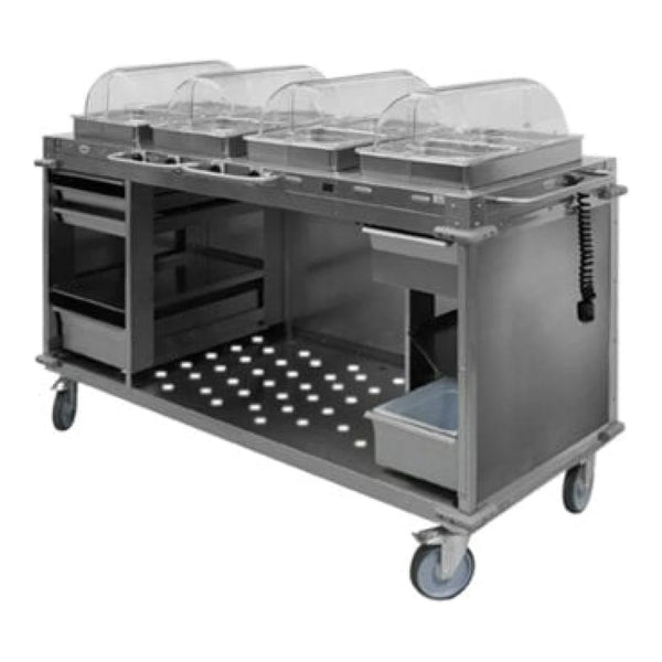 Cadco MobileServ 70 1/4" x 31 1/2" Mobile Food Cart with 4 Heated Wells CBC-HHHH - 1,200W, 120V