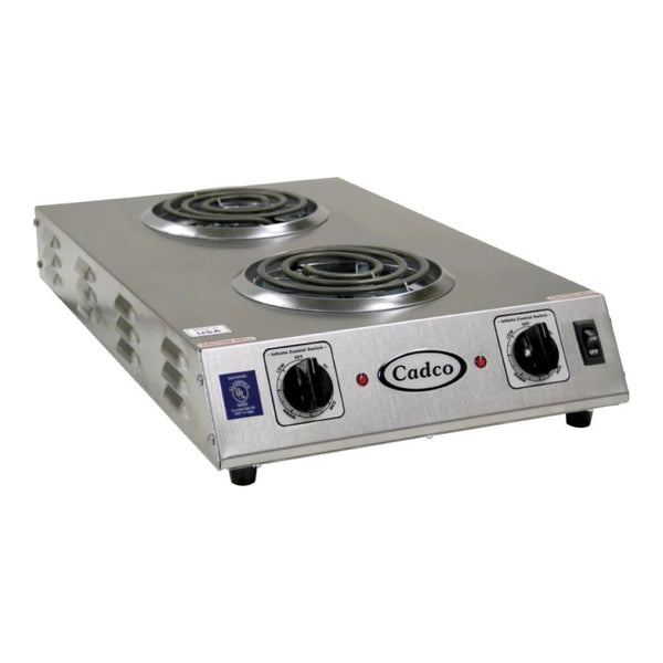 Cadco CDR-1TFB Double Burner Stainless Steel Portable Electric Front-to-Back Hot Plate with 6" Tubular Elements - 1,650W, 120V