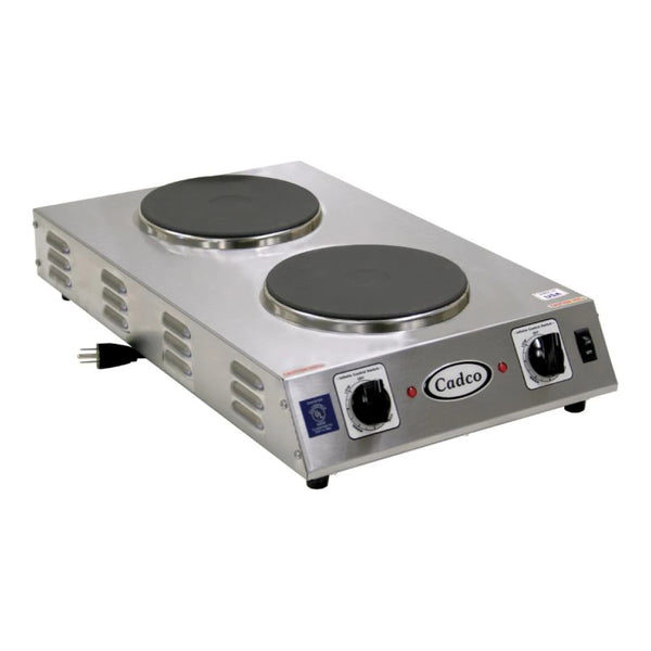 Cadco CDR-2CFB Double Burner Stainless Steel Portable Electric Front-to-Back Hot Plate with 7 1/2" Cast Iron Elements - 1,800W, 120V