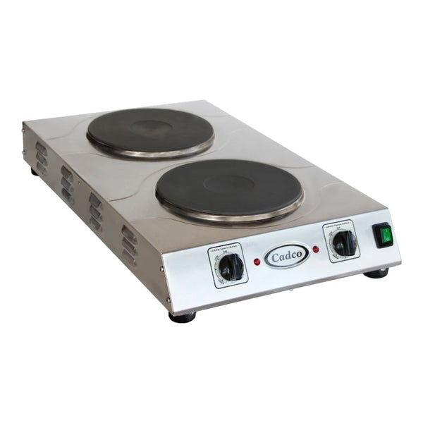 Cadco CDR-3K Double Burner Stainless Steel Portable Electric Front-to-Back Hot Plate with 9" Cast Iron Elements - 3,000W, 220V