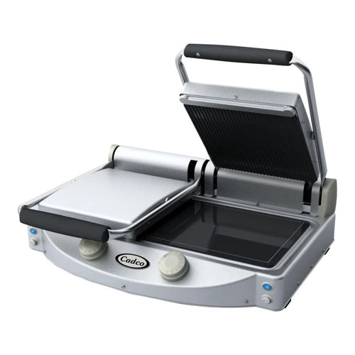 Cadco CPG-20 Double Glass-Ceramic Panini Grill with Grooved Top and Smooth Bottom Plates - 9 7/8