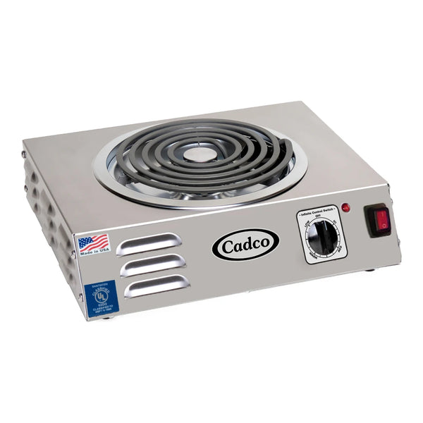 Cadco CSR-3T(220) Single Burner Stainless Steel Portable Electric Hot Plate with 8" Tubular Element - 1,500W, 220V