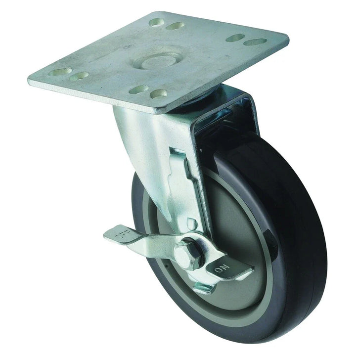 Winco CT-44B Universal Plate Caster Set with 5" Wheel and Brake, 4" x 4"