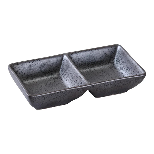 Yanco DB-4032 Diamond Black 5.5" Rectangular Sauce Dish in Black Porcelain with Matte Glaze, 2 Compartment, 2oz. per Compartment - Pack of 36