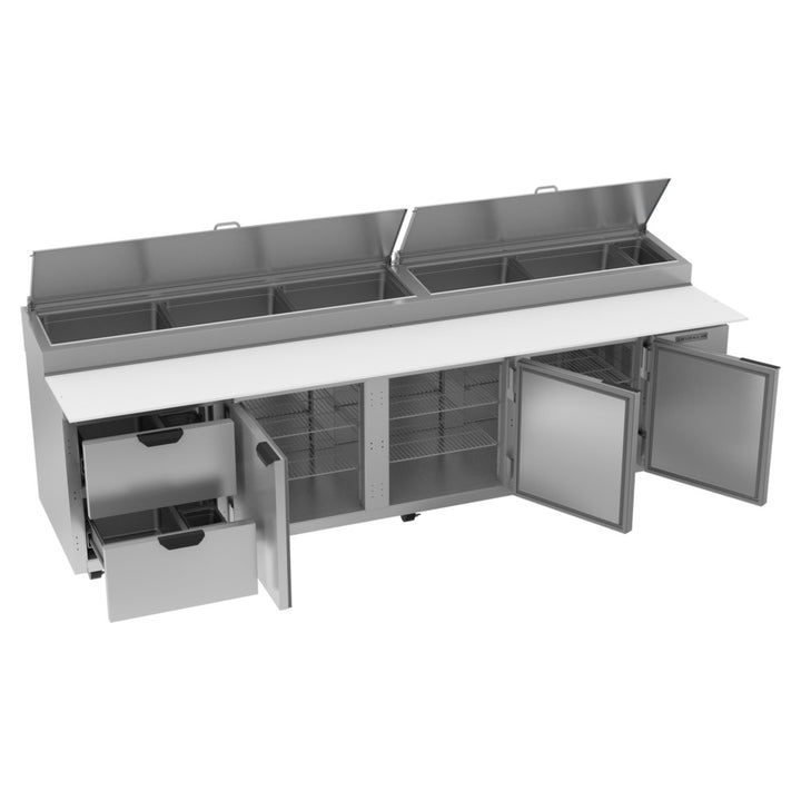 Beverage-Air DPD119HC-2 119" Refrigerated Pizza Prep Table with Three Doors and Two Drawers