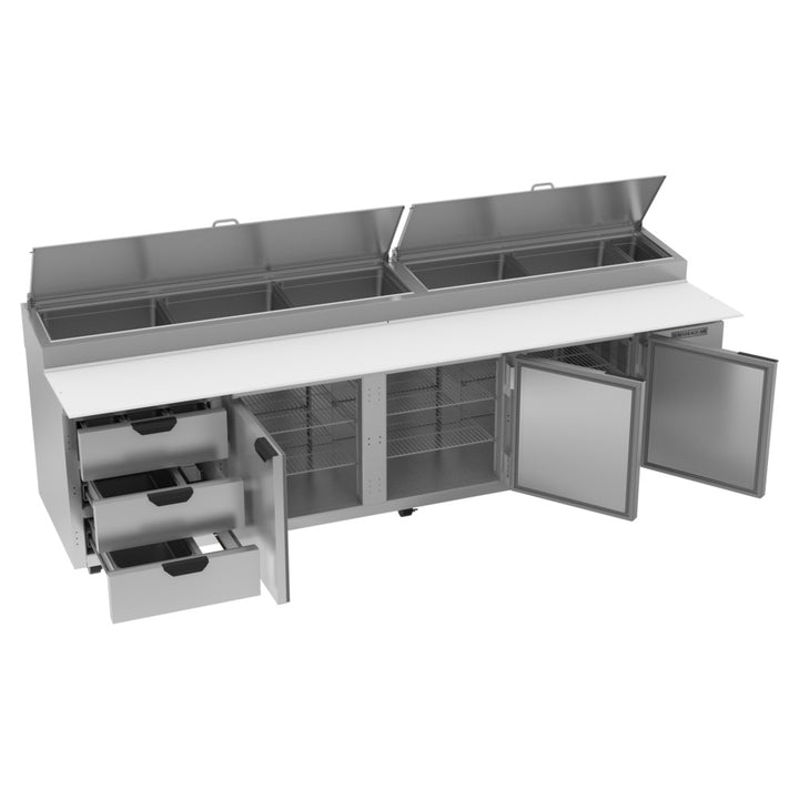 Beverage-Air DPD119HC-3 119" Refrigerated Pizza Prep Table with Three Doors and Three Drawers