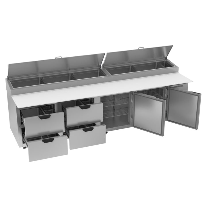 Beverage-Air DPD119HC-4 119" Refrigerated Pizza Prep Table with Two Doors and Four Drawers