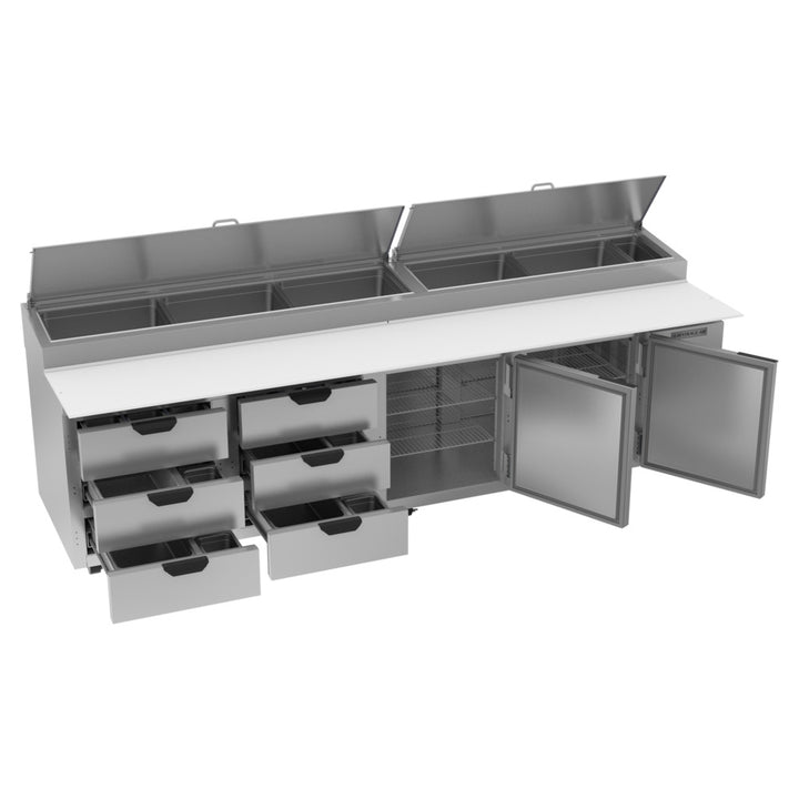 Beverage-Air DPD119HC-6T 119" Refrigerated Pizza Prep Table with Two Doors and Six Drawers