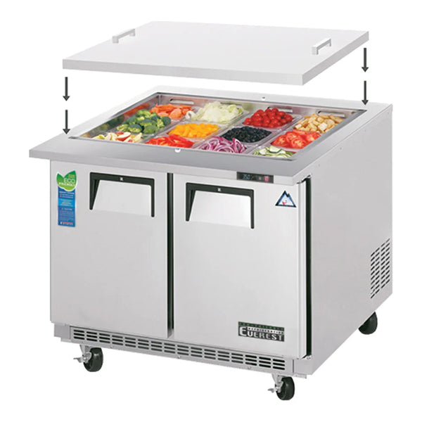 Everest Refrigeration EOTPS2 35 5/8" Back Mount Open Top Prep. Refrigerators with Removable Top Cover, 115 V, 1 Phase, 60 Hz