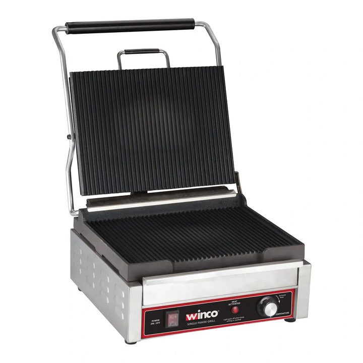 Winco EPG-1C Single Panini Grill with 14" Ribbed Plate, 120V, 1750W, 14.5A