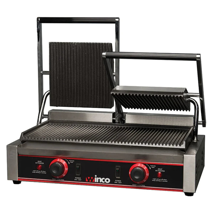 Winco EPG-2 Double Panini Grill with 9" Ribbed Plates, 120V