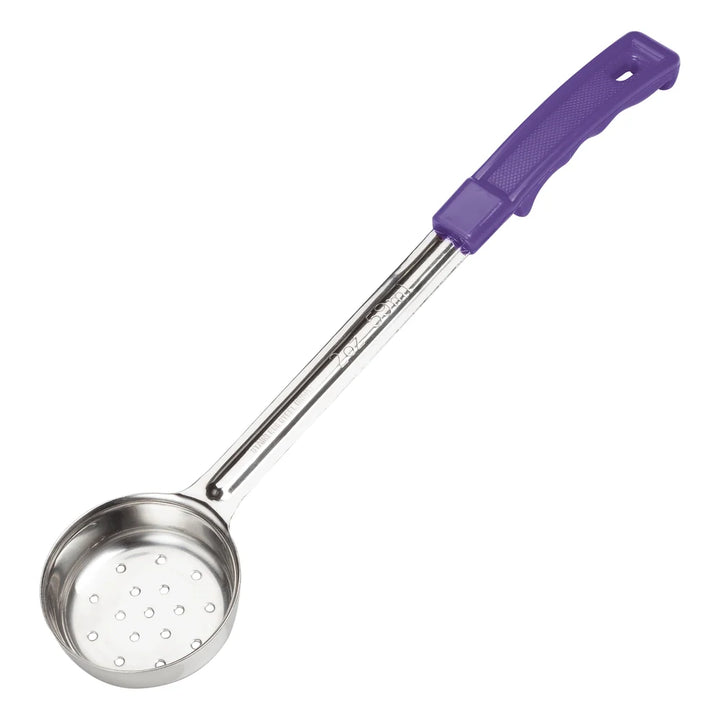 Winco FPP-2P 2oz Allergen Free Stainless Steel Perforated Food Portioner with Purple Handle