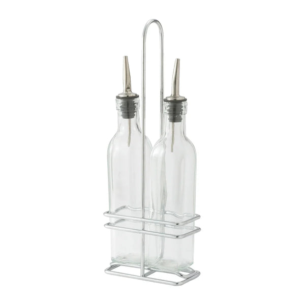 Winco GOB-8S Oil/Vinegar Cruet Set w/Chrome Plated Rack & Two 8oz Bottles