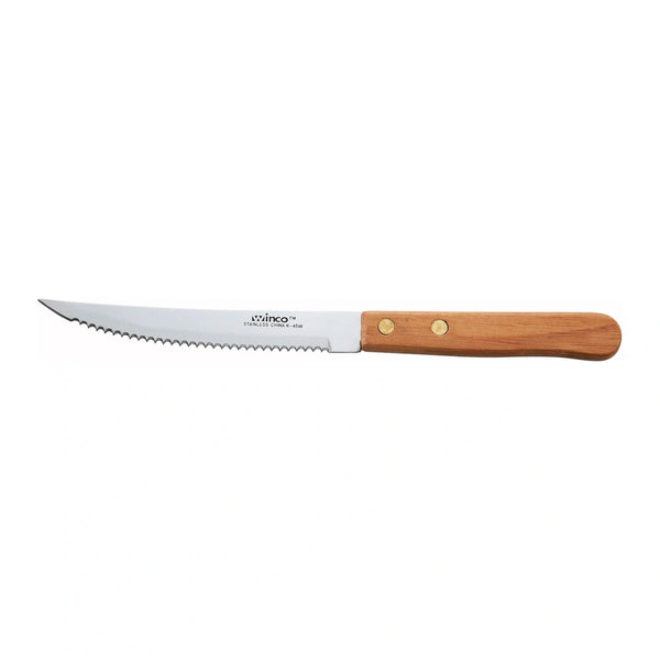 Winco K-45W Steak Knives, 4-1/2" Blade, Wooden Handle, Pointed Tip