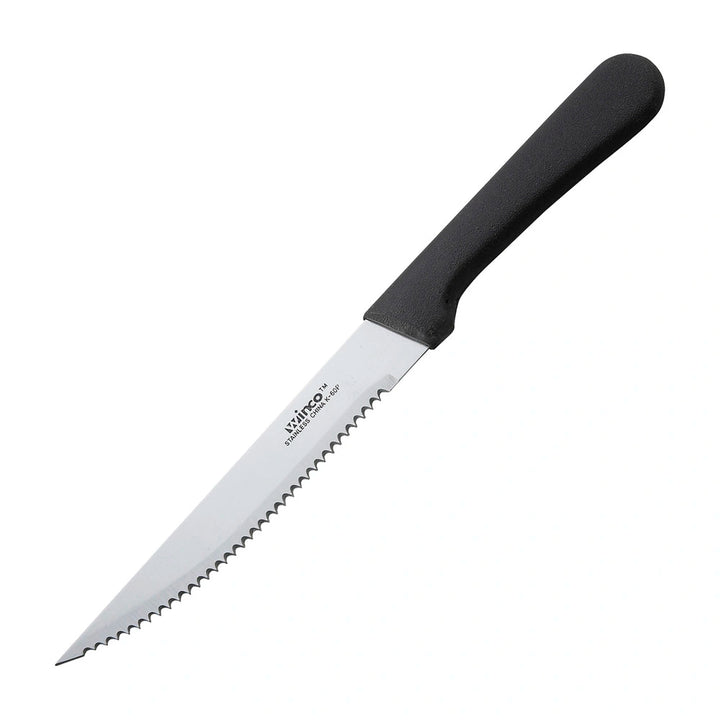 Winco K-60P Steak Knives, 5" Blade, Black PP Handle, Pointed Tip