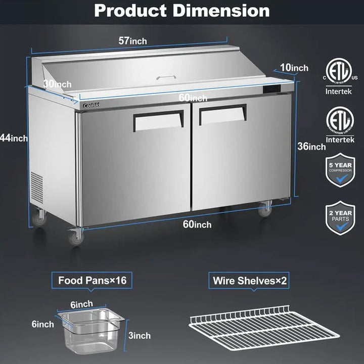 Coolski KSR-60 Stainless Steel 60’’ Refrigerated Sandwich/Salad Prep Table With 16 Pans - 16.81 Cu.Ft.-1