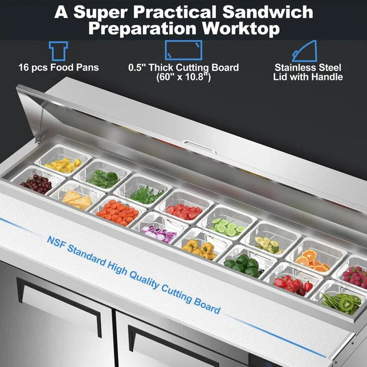 Coolski KSR-60 Stainless Steel 60’’ Refrigerated Sandwich/Salad Prep Table With 16 Pans - 16.81 Cu.Ft.-4