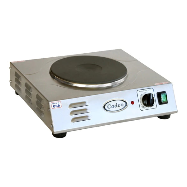 Cadco LKR-220 Single Burner Stainless Steel Portable Electric Hot Plate with 9" Cast Iron Element - 2,000W, 220V