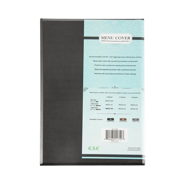 CAC China MCC1-14BK Menu Cover Faux Leather 1-Panel Black 8-1/2x14" /Each