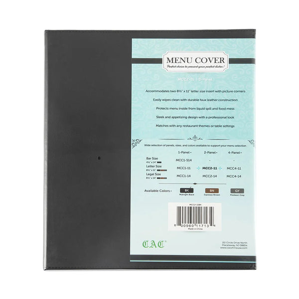 CAC China MCC2-11BK Menu Cover Faux Leather 2-Panel Black 8-1/2x11" /Each