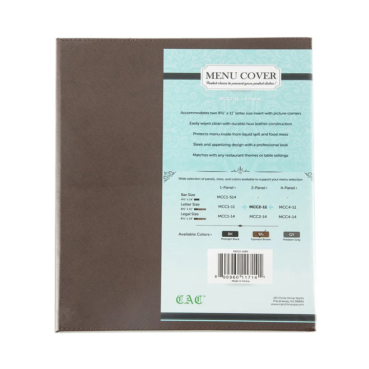 CAC China MCC2-11BN Menu Cover Faux Leather 2-Panel Brown 8-1/2x11" /Each