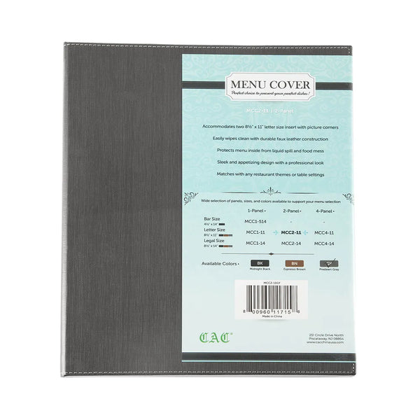 CAC China MCC2-11GY Menu Cover Faux Leather 2-Panel Gray 8-1/2x11" /Each