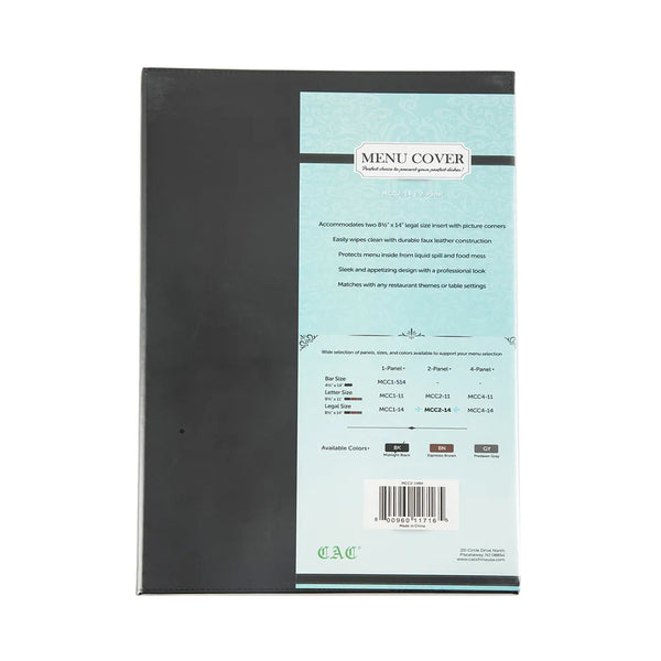 CAC China MCC2-14BK Menu Cover Faux Leather 2-Panel Black 8-1/2x14" /Each