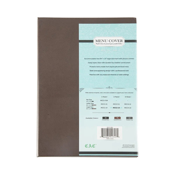 CAC China MCC2-14BN Menu Cover Faux Leather 2-Panel Brown 8-1/2x14" /Each