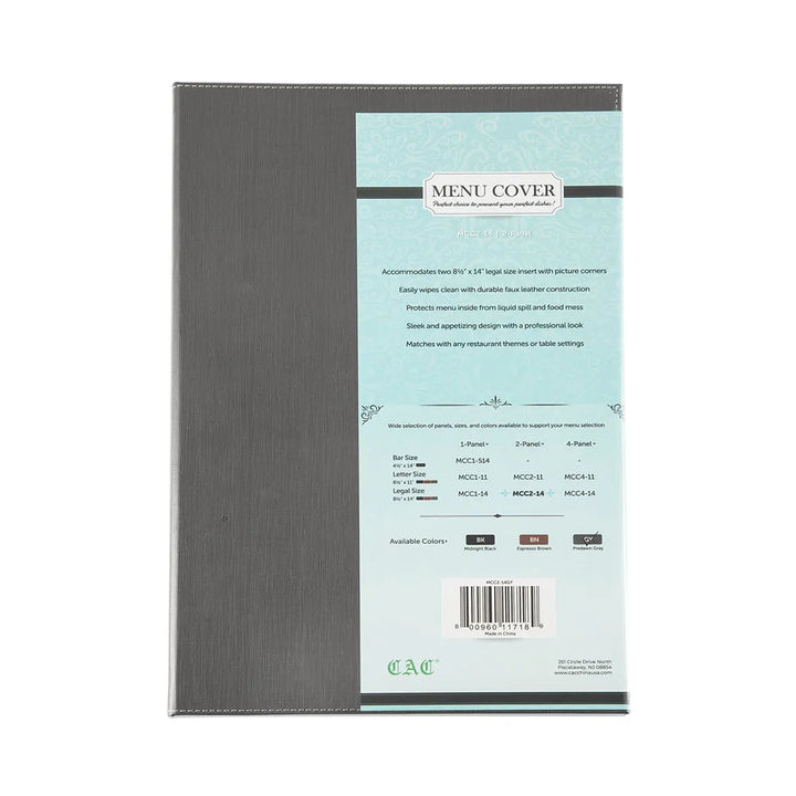 CAC China MCC2-14GY Menu Cover Faux Leather 2-Panel Gray 8-1/2x14" /Each