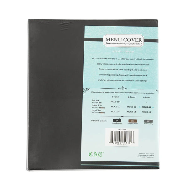 CAC China MCC4-11BK Menu Cover Faux Leather 4-Panel Black 8-1/2x11" /Each