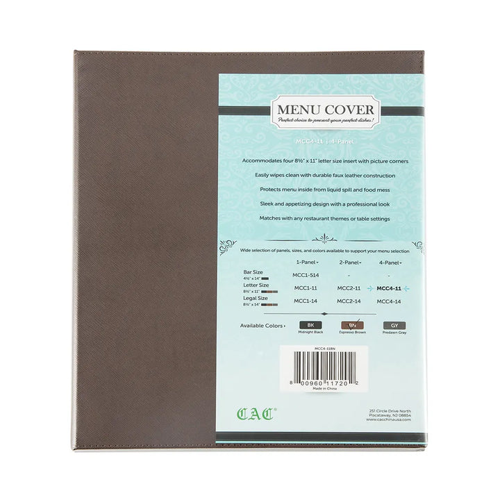 CAC China MCC4-11BN Menu Cover Faux Leather 4-Panel Brown 8-1/2x11" /Each