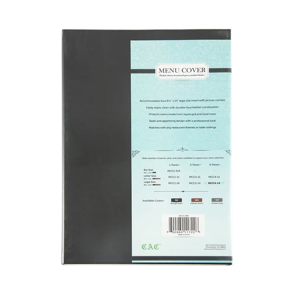 CAC China MCC4-14BK Menu Cover Faux Leather 4-Panel Black 8-1/2x14" /Each