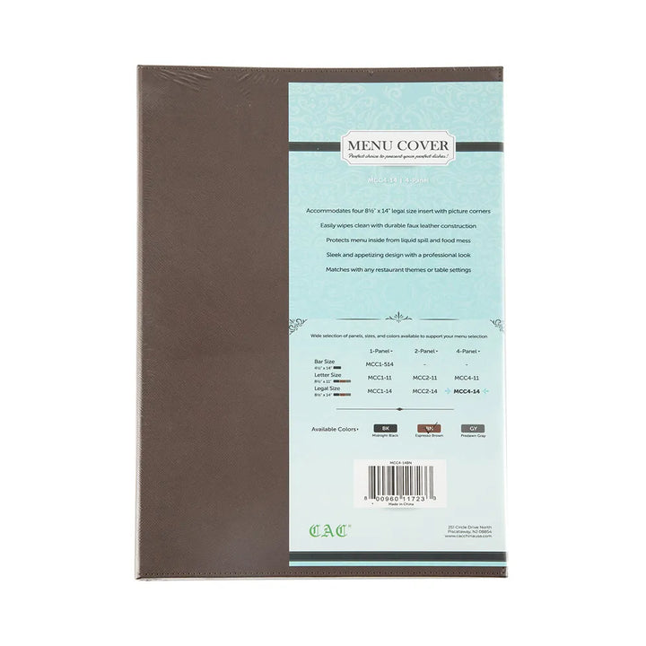 CAC China MCC4-14BN Menu Cover Faux Leather 4-Panel Brown 8-1/2x14" /Each