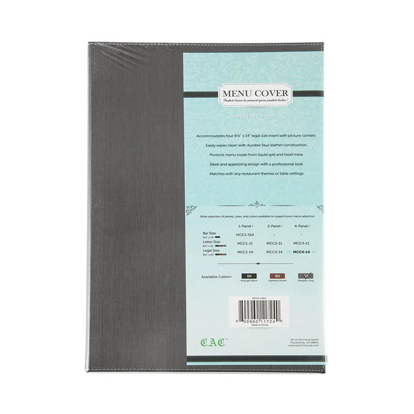 CAC China MCC4-14GY Menu Cover Faux Leather 4-Panel Gray 8-1/2x14" /Each