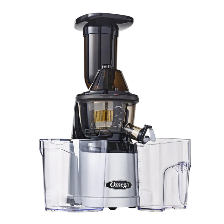 Omega Mega Mouth Vertical 240-Watt Low Speed Quiet Juicer with Smart Cap Spout Tap, Silver