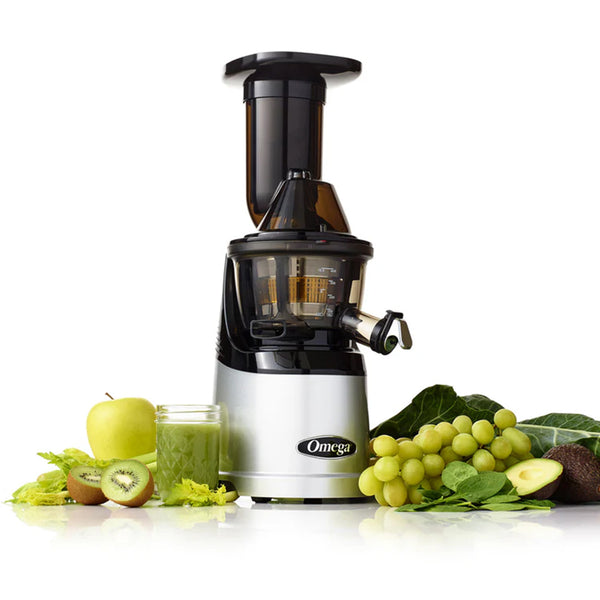 Omega Mega Mouth Vertical 240-Watt Low Speed Quiet Juicer with Smart Cap Spout Tap, Silver