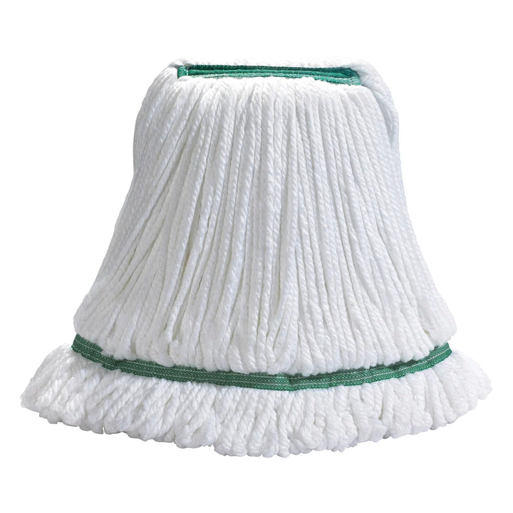 Winco MOPM-M Medium White Microfiber Mop Head with Looped End and Green Bands